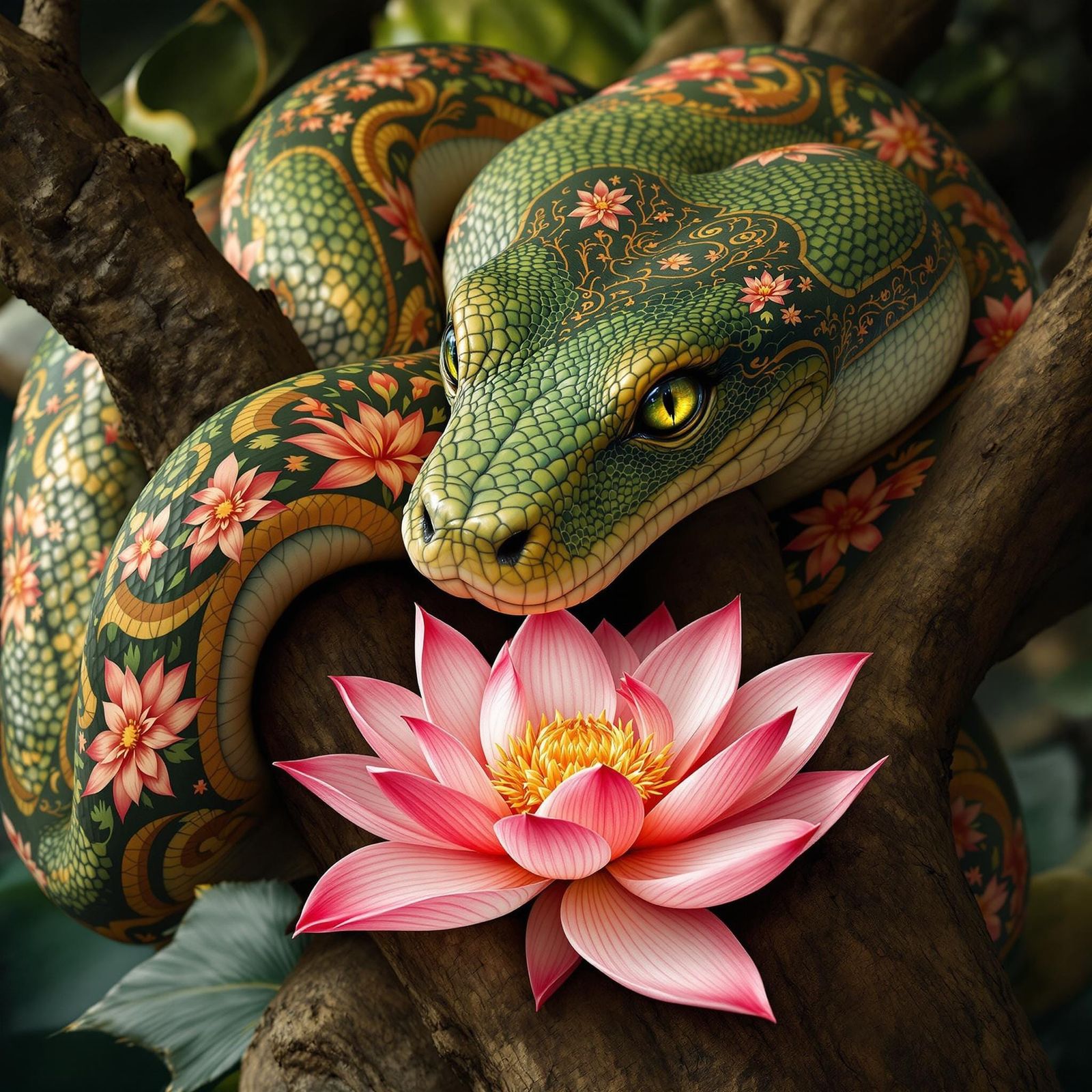 Surreal Boa Constrictor Adorns Jungle Tree with Intricate Lo...