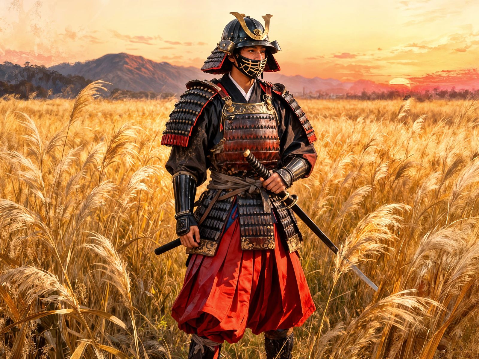 Samurai in a Field of Pampas Grass, a lone samurai front fac...