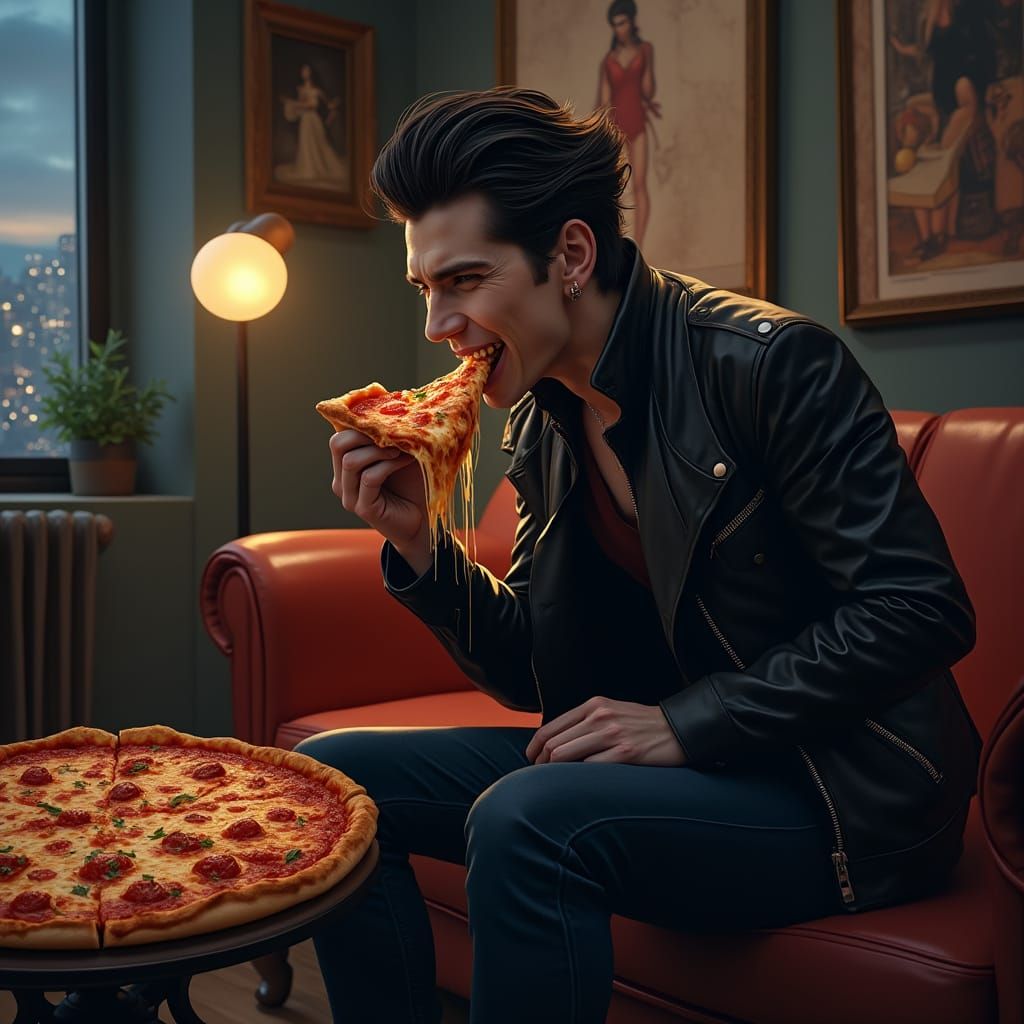 Modern Vampire Indulges in Gooey Cheese Pizza, Semi-Realisti...