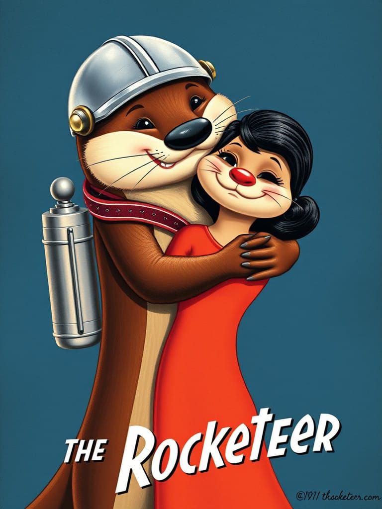 Cartoon Otter in Rocketeer Costume Hugs Vintage Femme Fatale