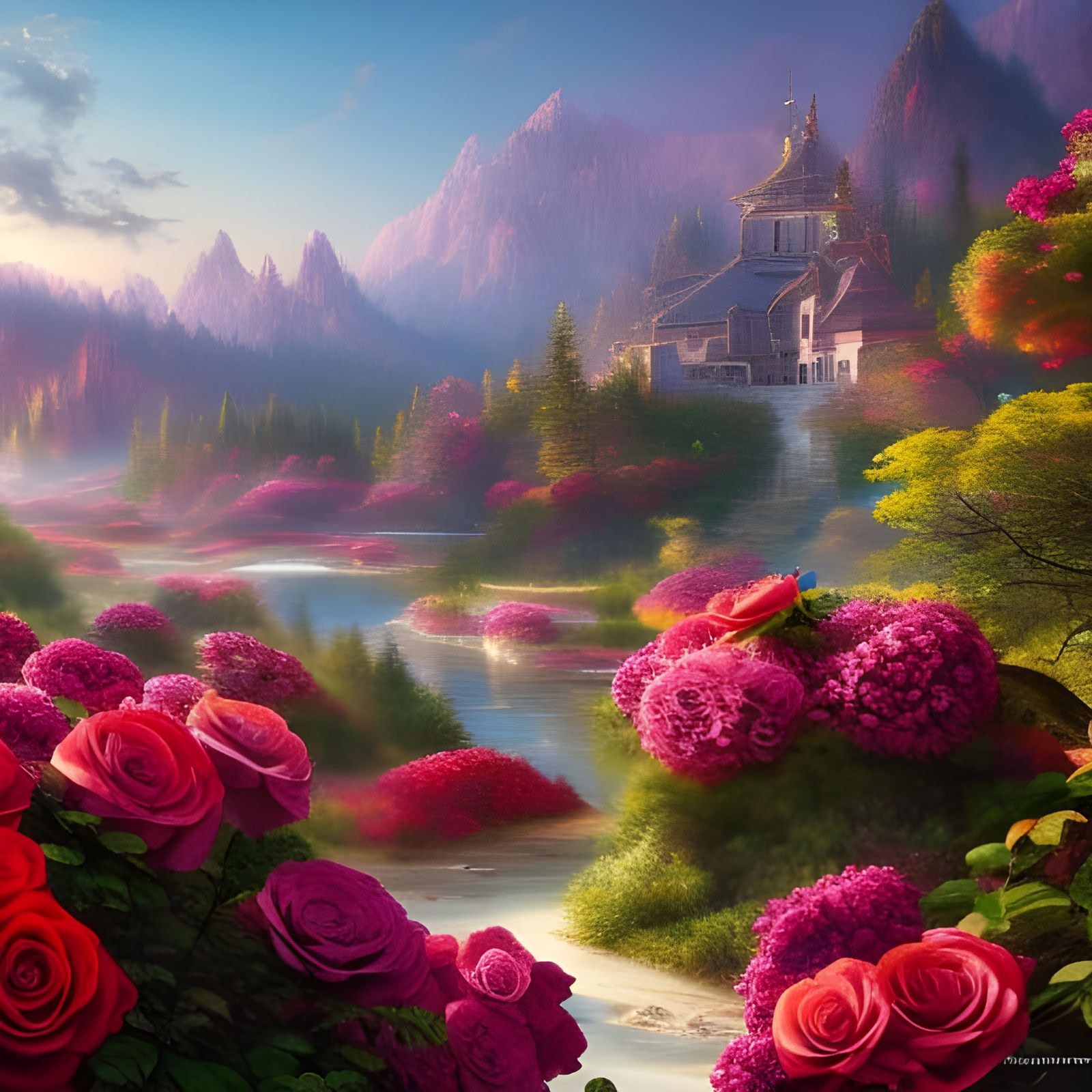 Intricate Rose Palace Landscape in Digital Art Style