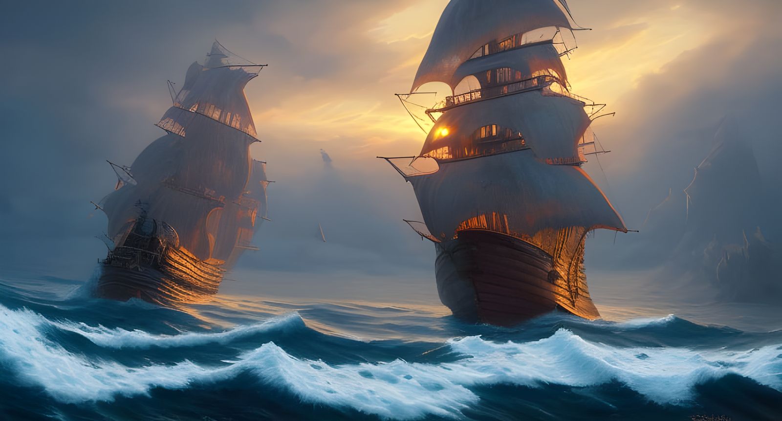 Magical Pirate Ship Seascape at Sunset: Digital Illustration