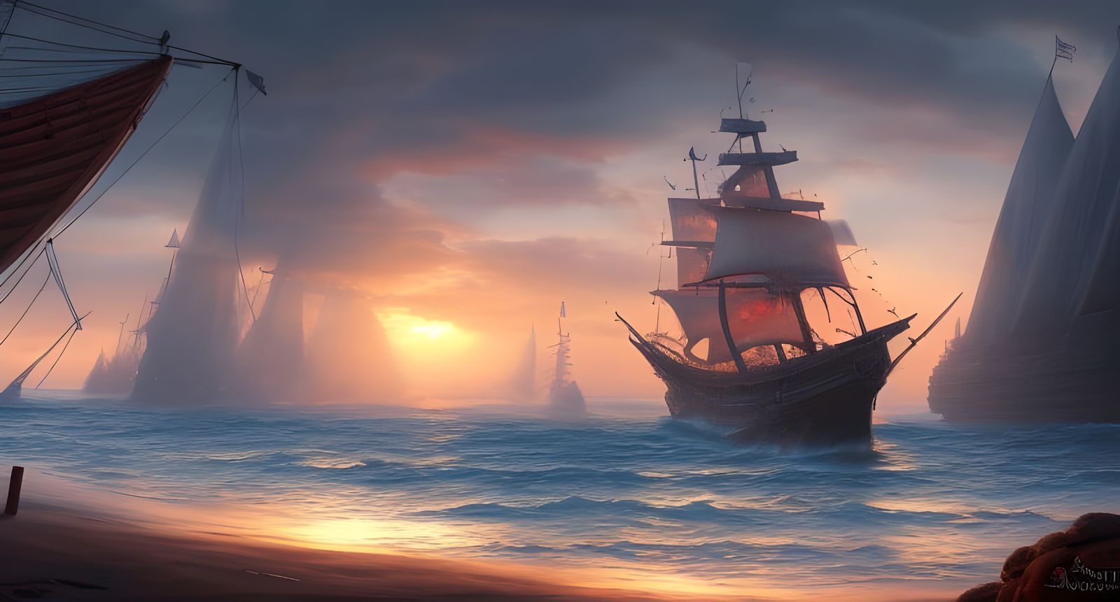 Magical Pirate Ship Seascape at Sunset: Digital Art