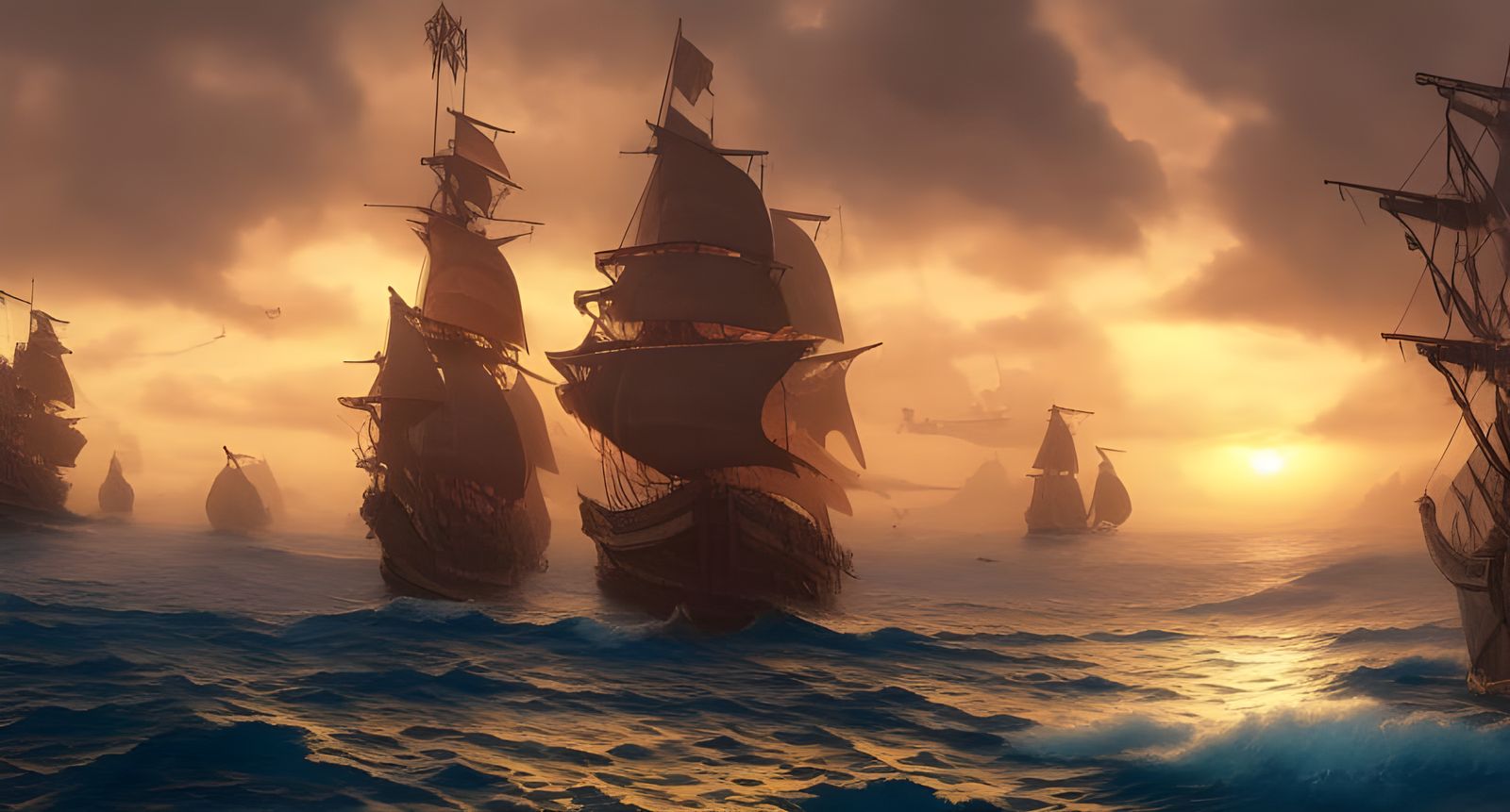 Magical Pirate Ship Seascape at Sunset: Detailed Digital Art