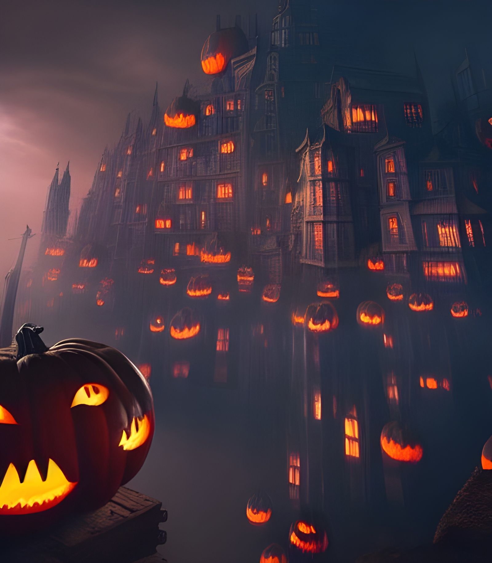 Ominous Pumpkin City in Biopunk Horror Style