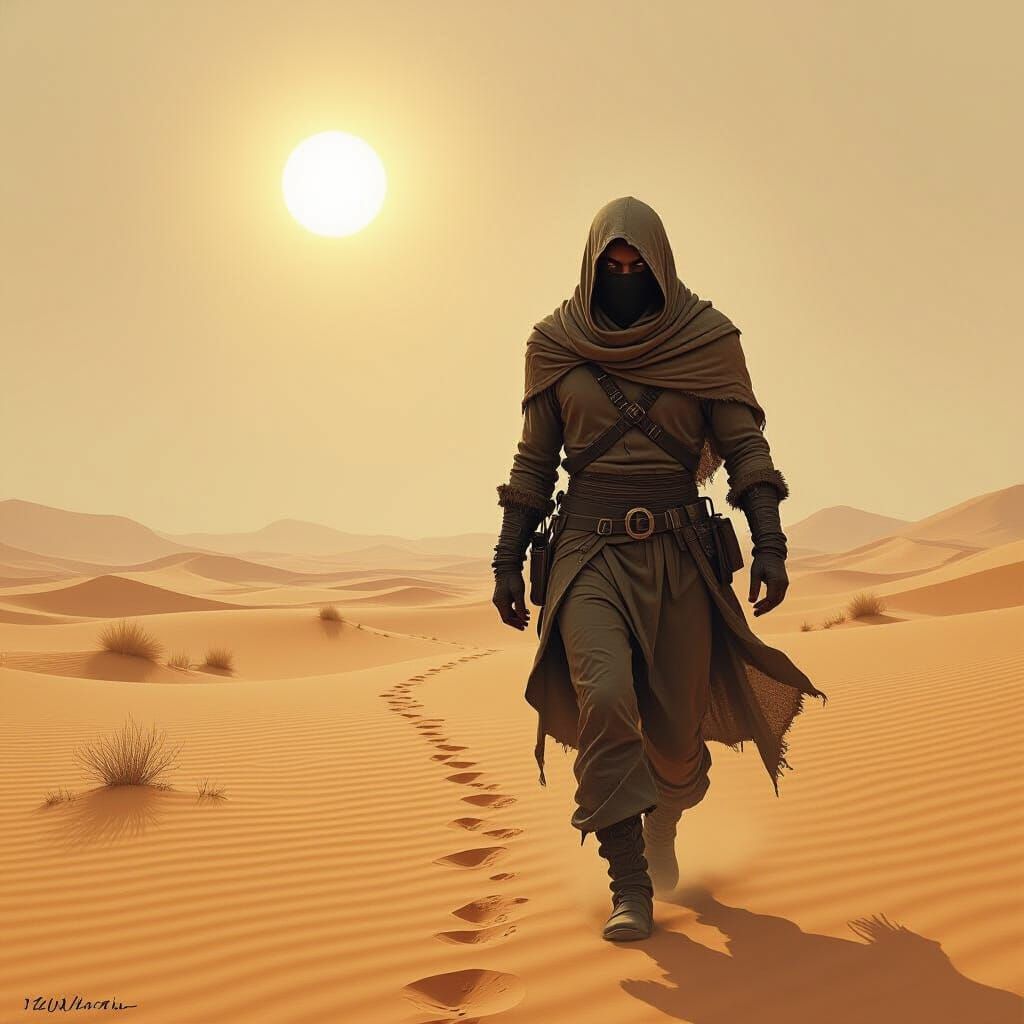 Lone Wanderer in Windswept Desert with Piercing Eyes