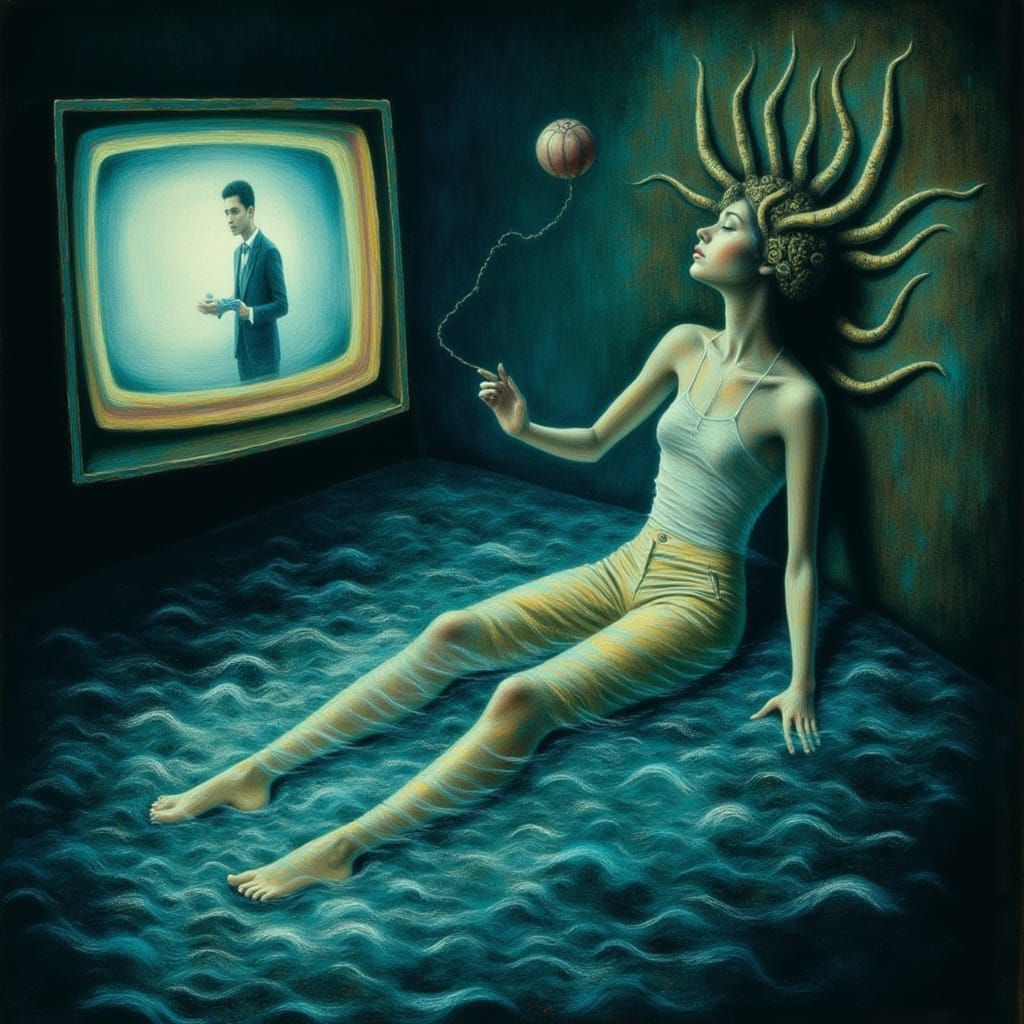 Surreal Escape: Alien Body Watches TV in Rising Water