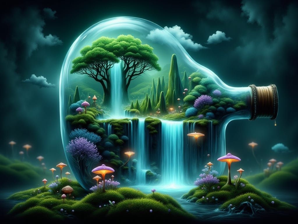 Bioluminescent Forest Contained Within a Colossal Glass Bott...