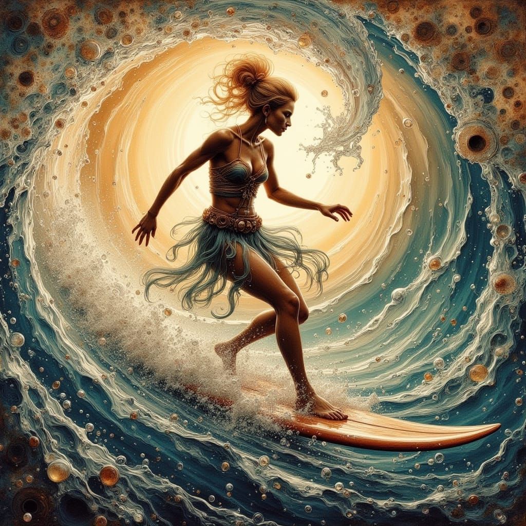 Steampunk Surfer Woman Rides Liquid Light Vortex