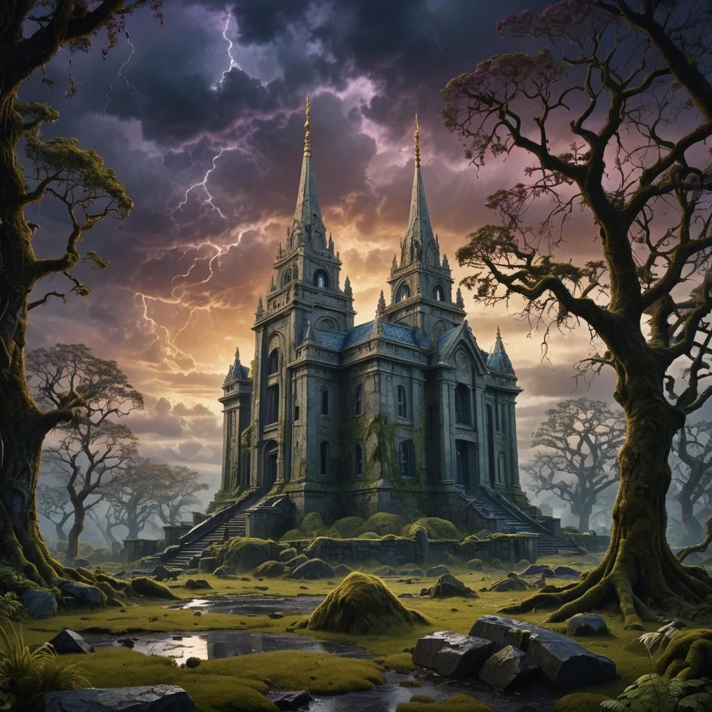 Dilapidated Temple in Stormy Sky, Fantasy Concept Art