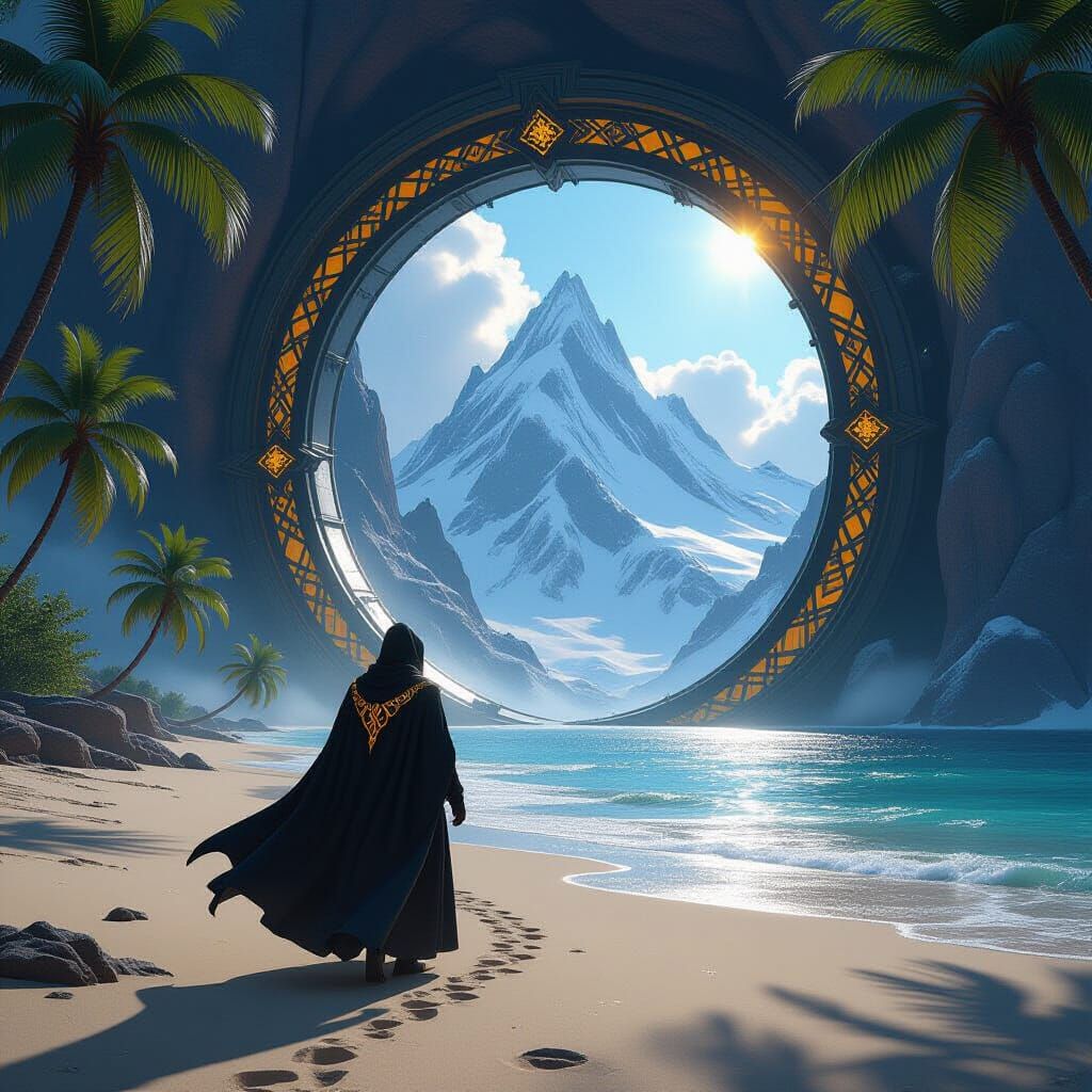 Wizard Emerges from Portal onto Tropical Beach