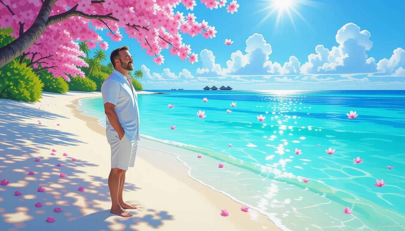 Man on Tropical Beach with Cherry Blossoms