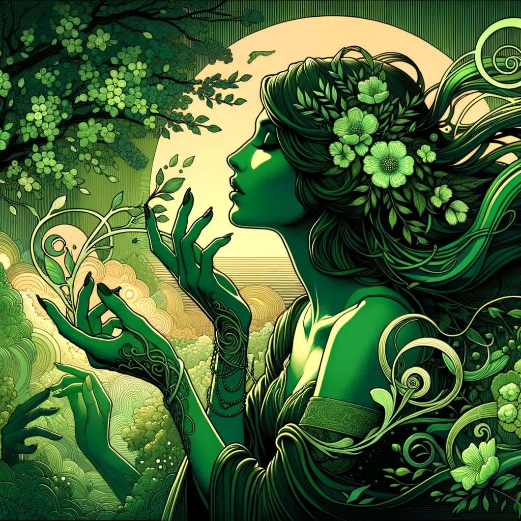 Art Nouveau Hispanic Woman in Green Sunset