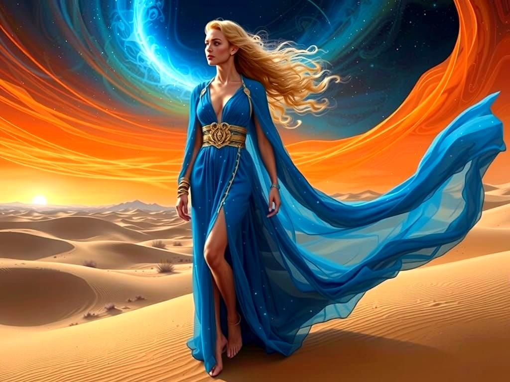 Celestial Goddess Walks Through Desert: Digital Painting