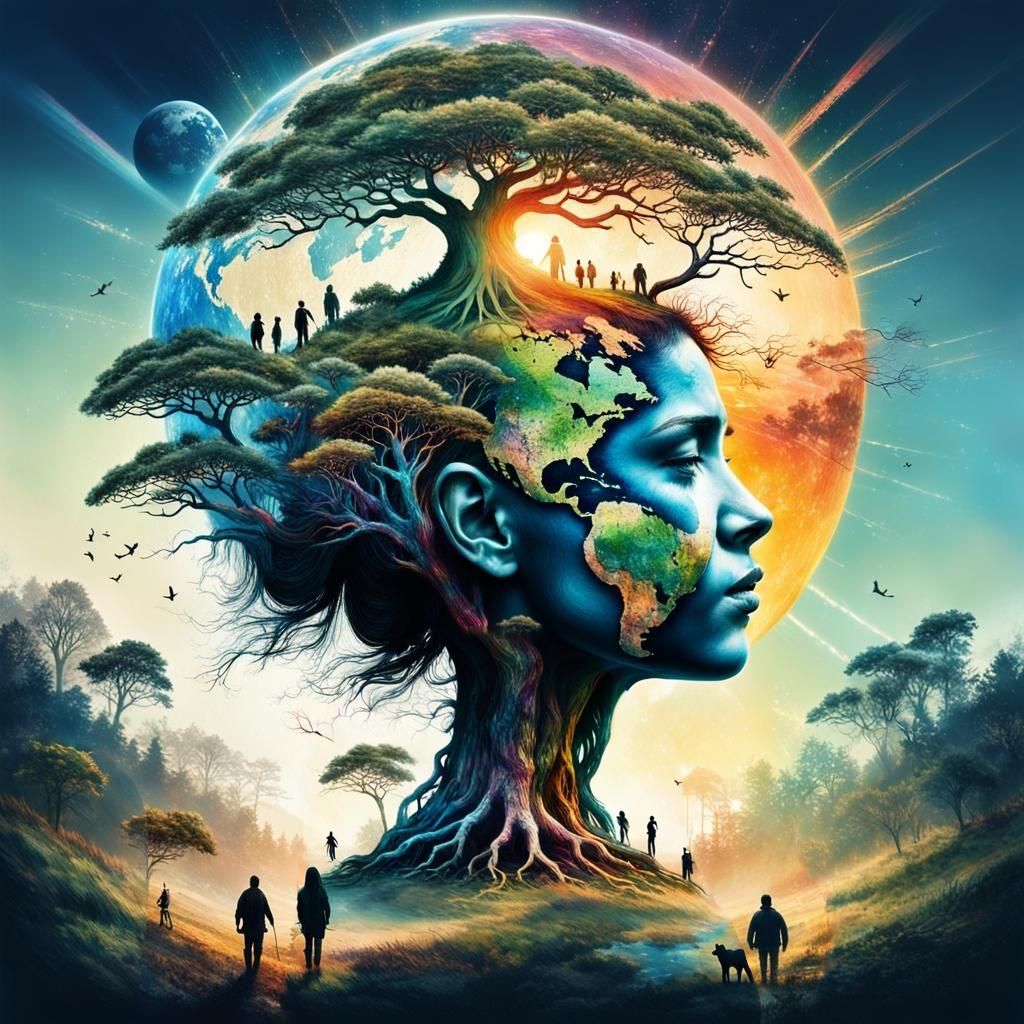 Harmonious World Tree Double Exposure at Sunrise