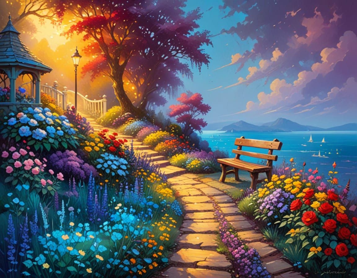 Vibrant Garden Path in Whimsical Oil Painting Style