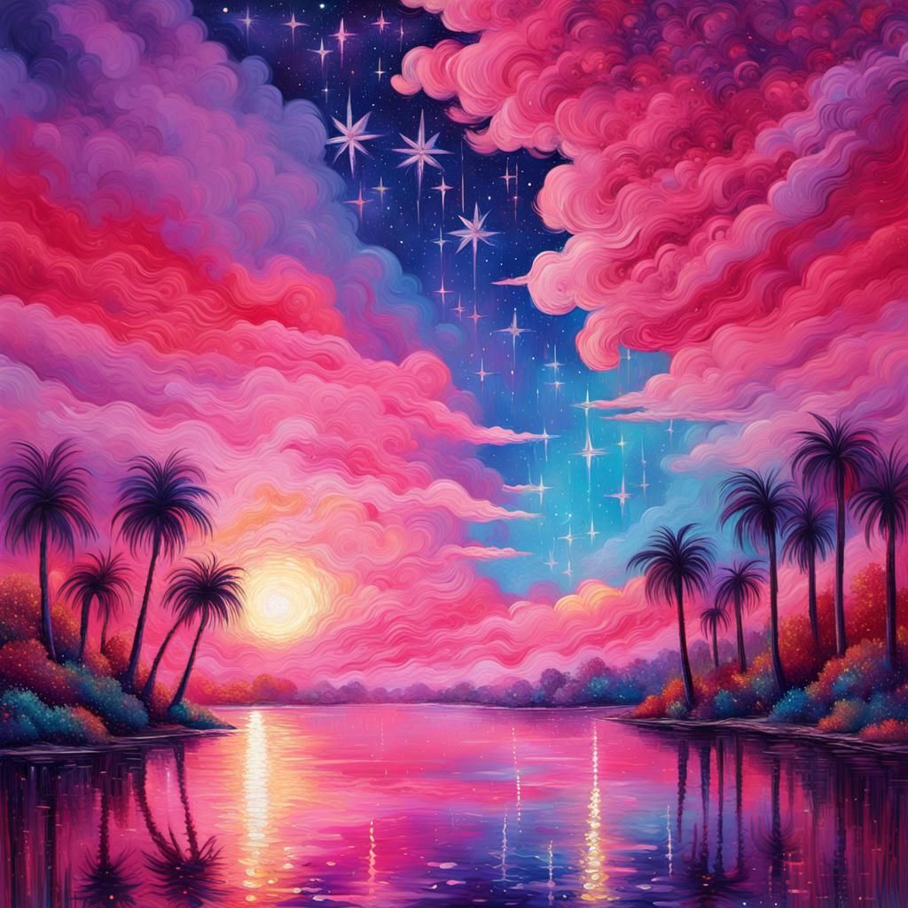 Cosmic River Scene with Ombre Sky in Neo-Impressionism