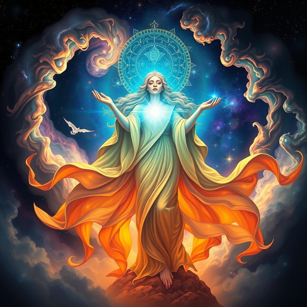 Cosmic Goddess Radiating Energy in Surreal Style