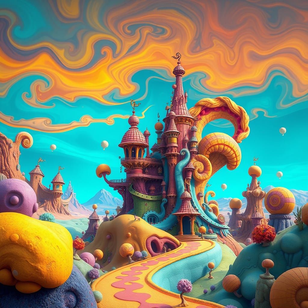 Whimsical Dr. Seuss Fantasy Landscape in Vibrant Color