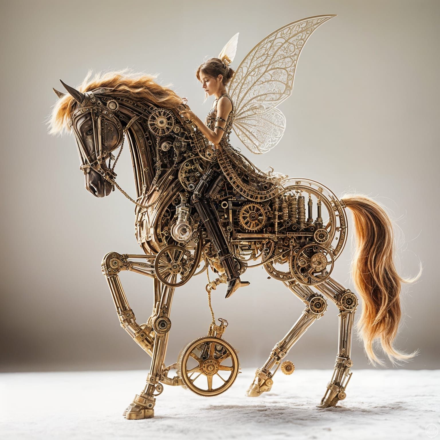 Fae Rides Mechanical Horse in Steampunk Double Exposure