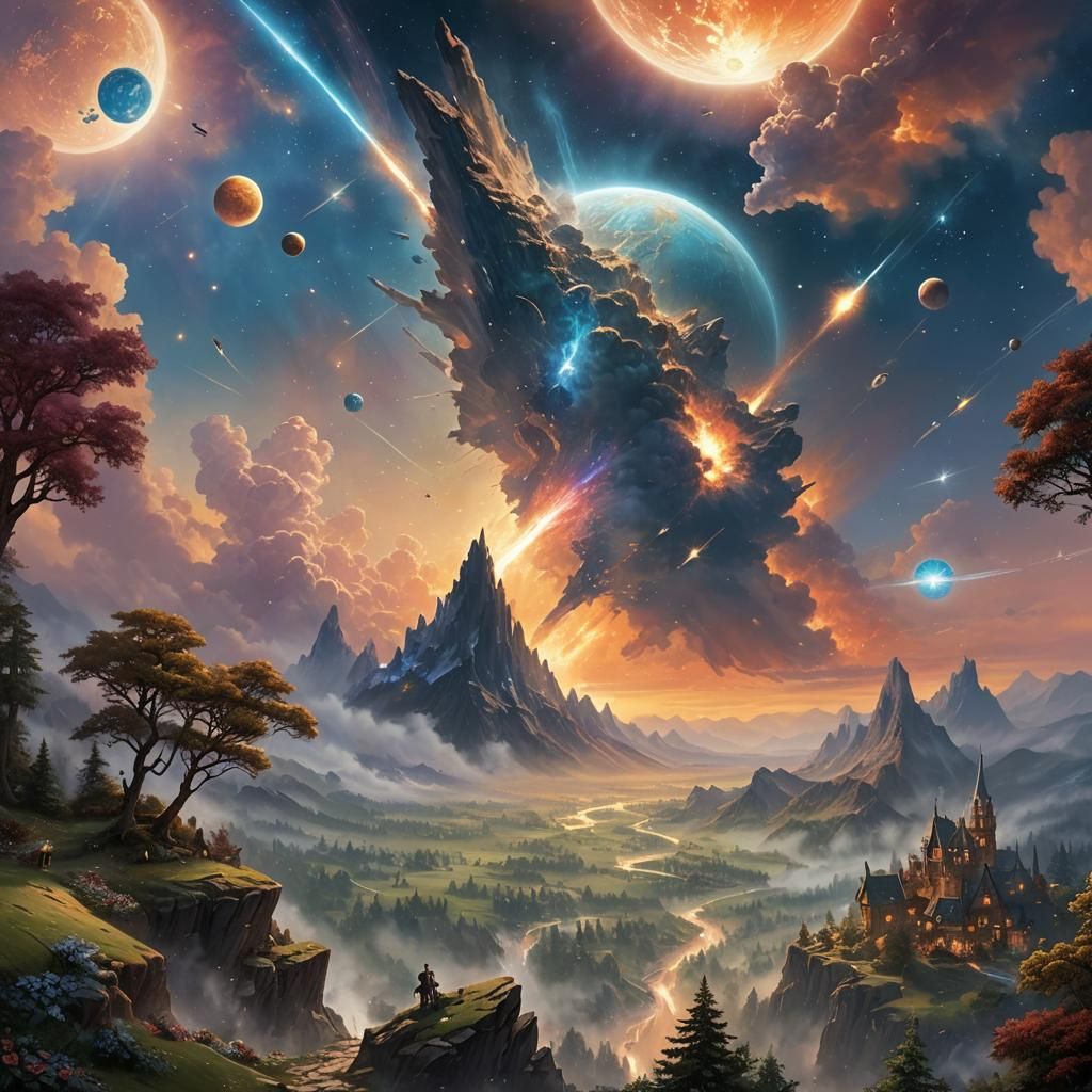 Meteor Destroys Planet in Ethereal Fantasy Style
