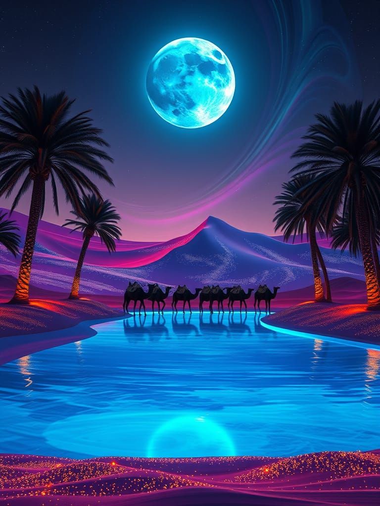 Desert Oasis at Night in Thick, Shimmering Paint