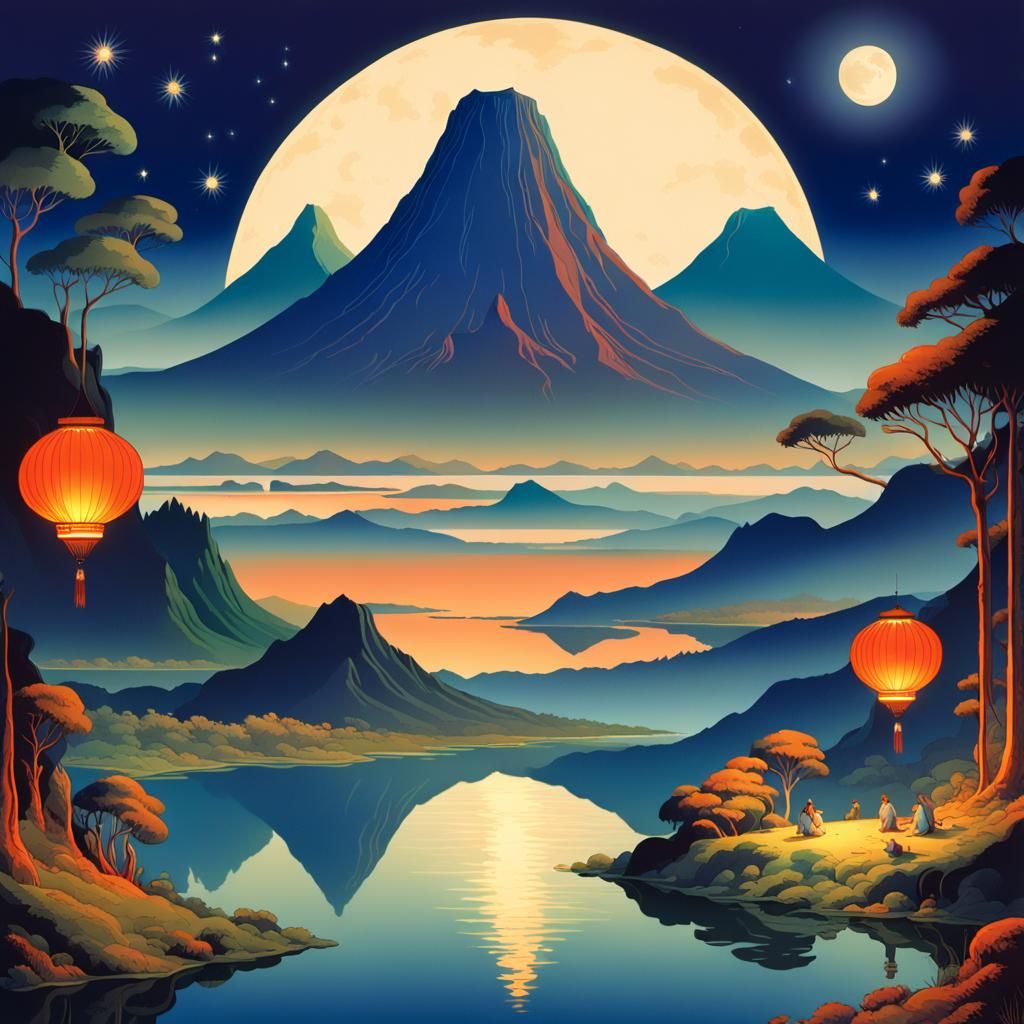 Moonlit Volcano Peak in Jungle Dreamscape