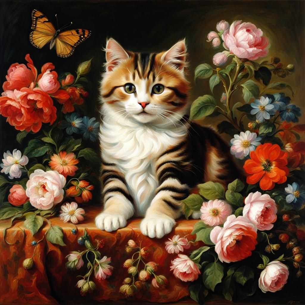 Baroque Cat with Flowers in Rubens Style