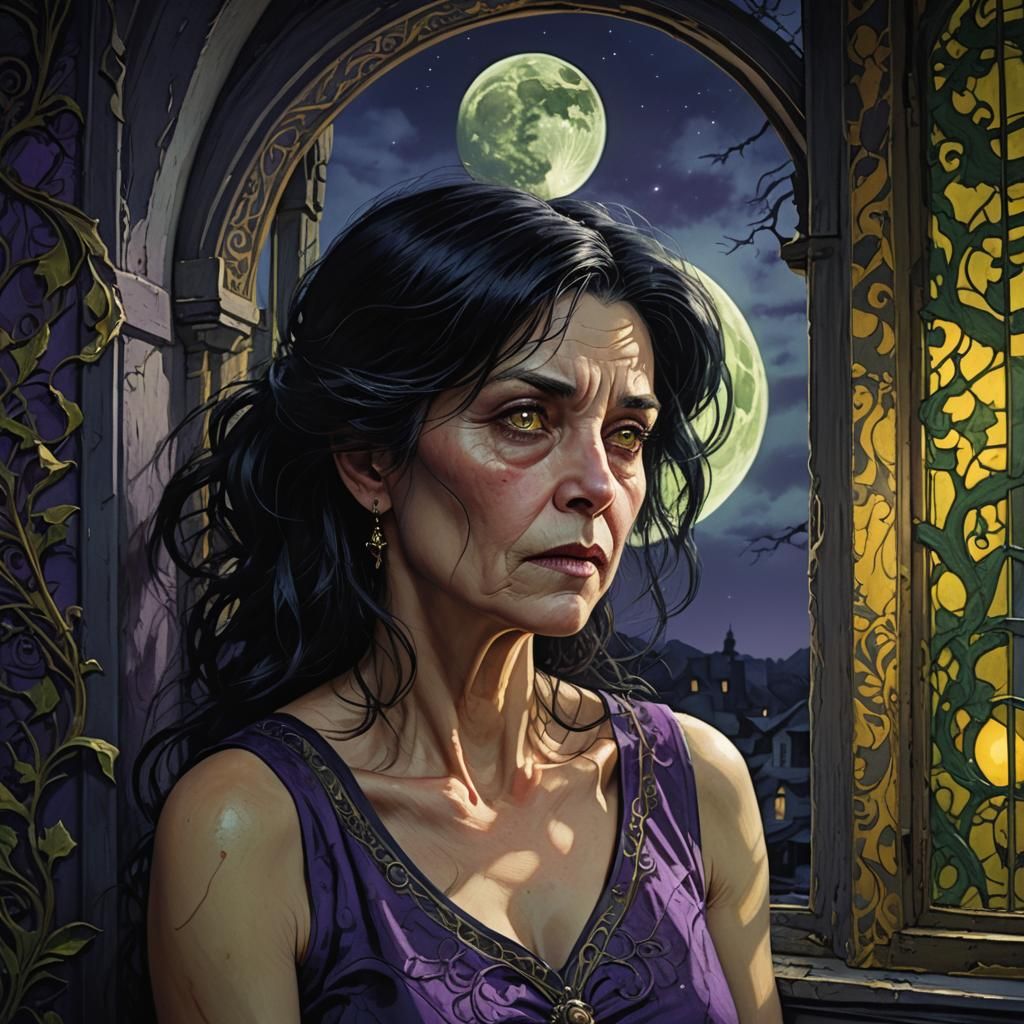 Ethereal Woman Gazing at Moon in Dark Fantasy Art