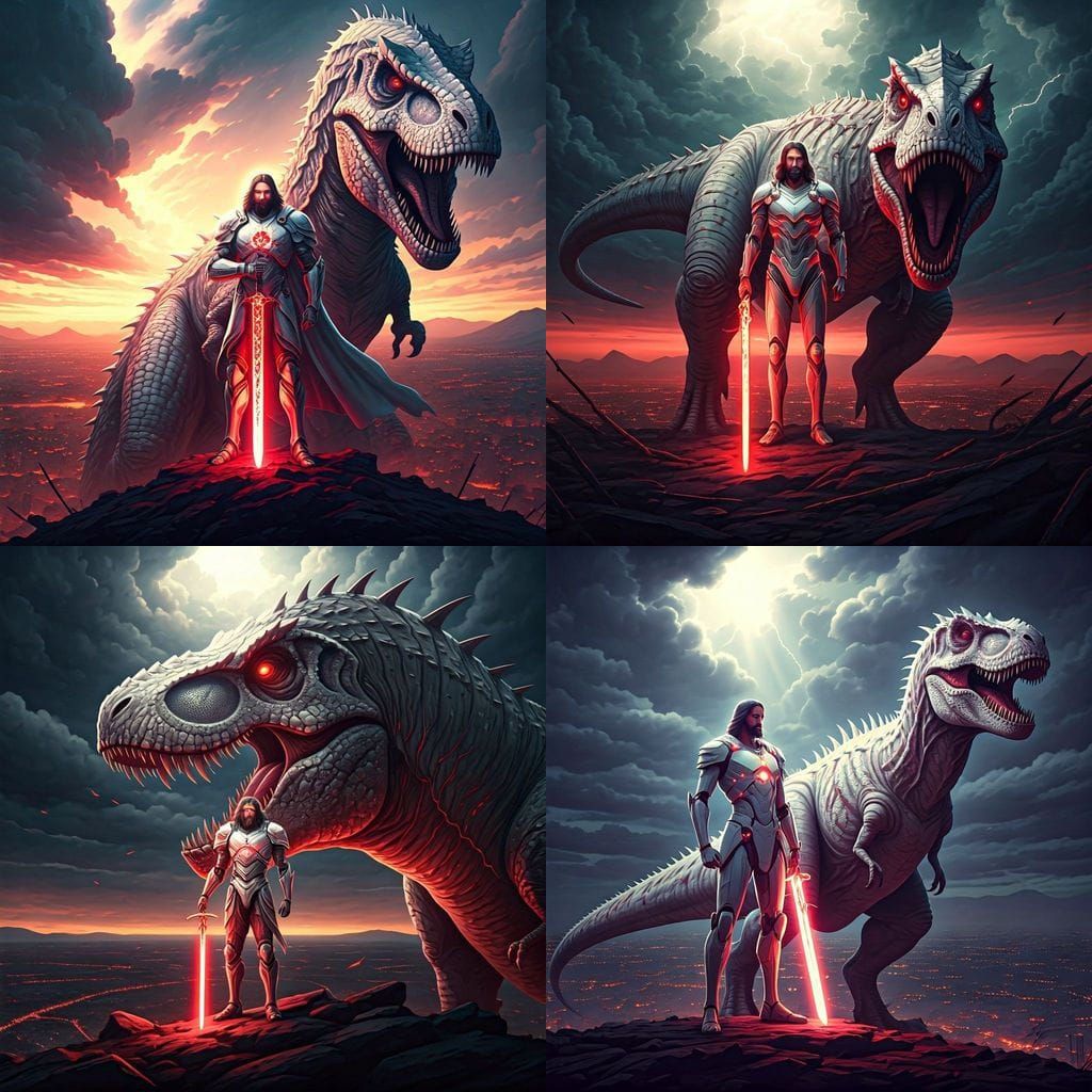 Jesus Warrior with Kaiju T-Rex in Divine Battle