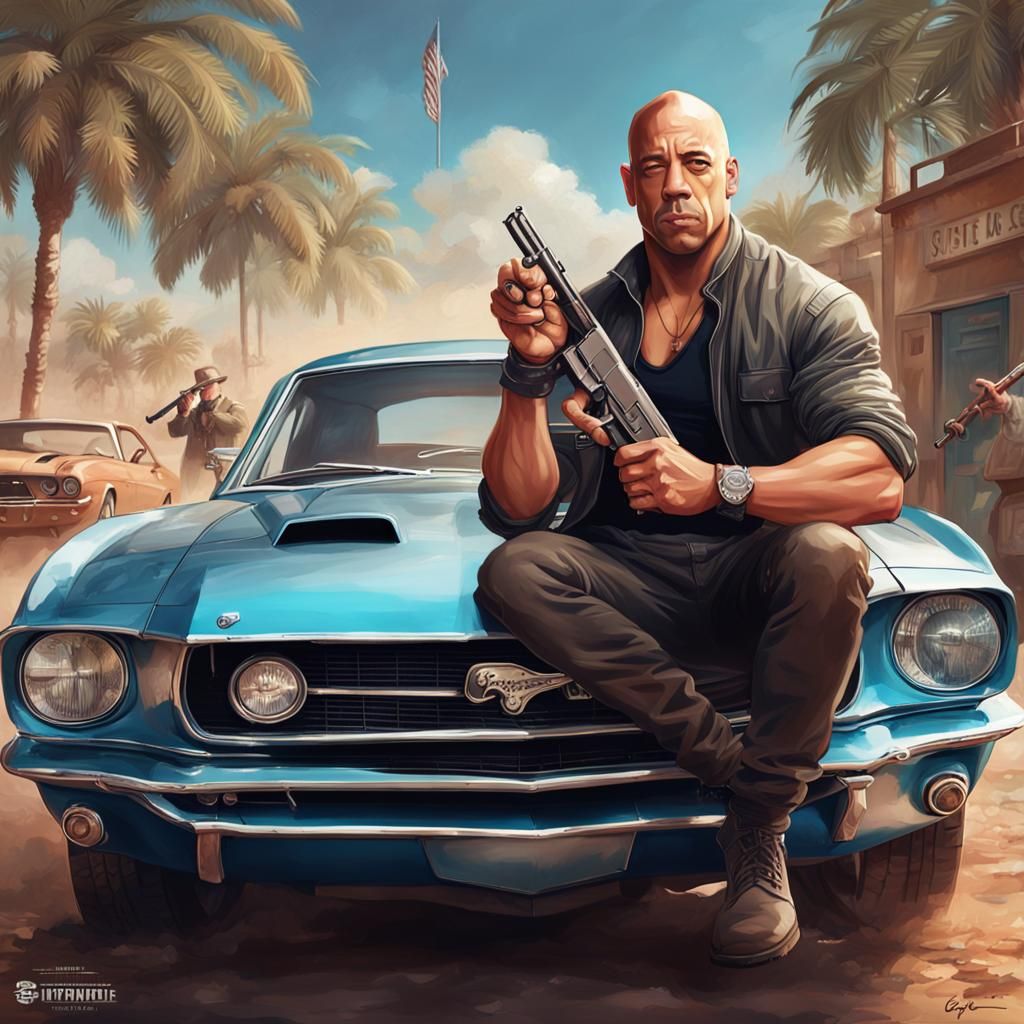 Detailed Portrait of Vin Diesel with Car, Gun and Cigar