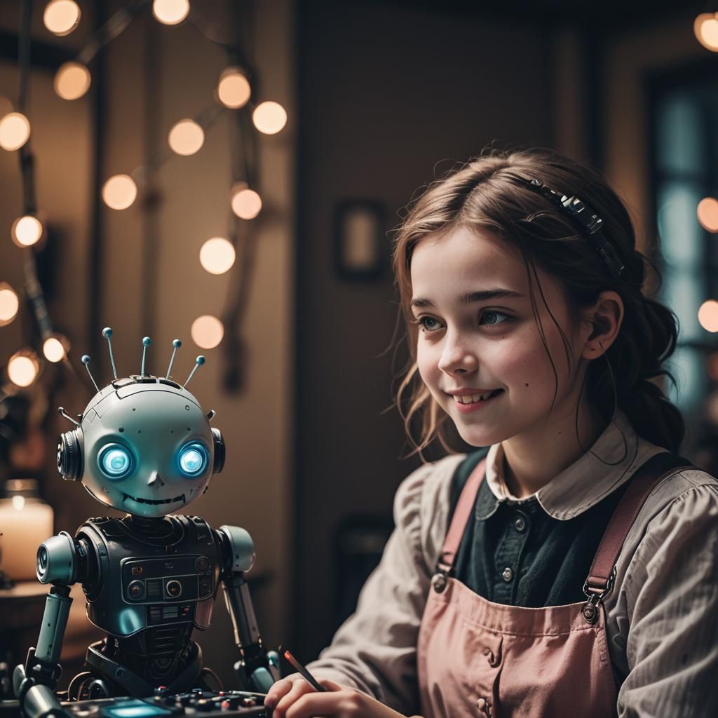 Girl Repairs Android Clone in Dark Academia Style