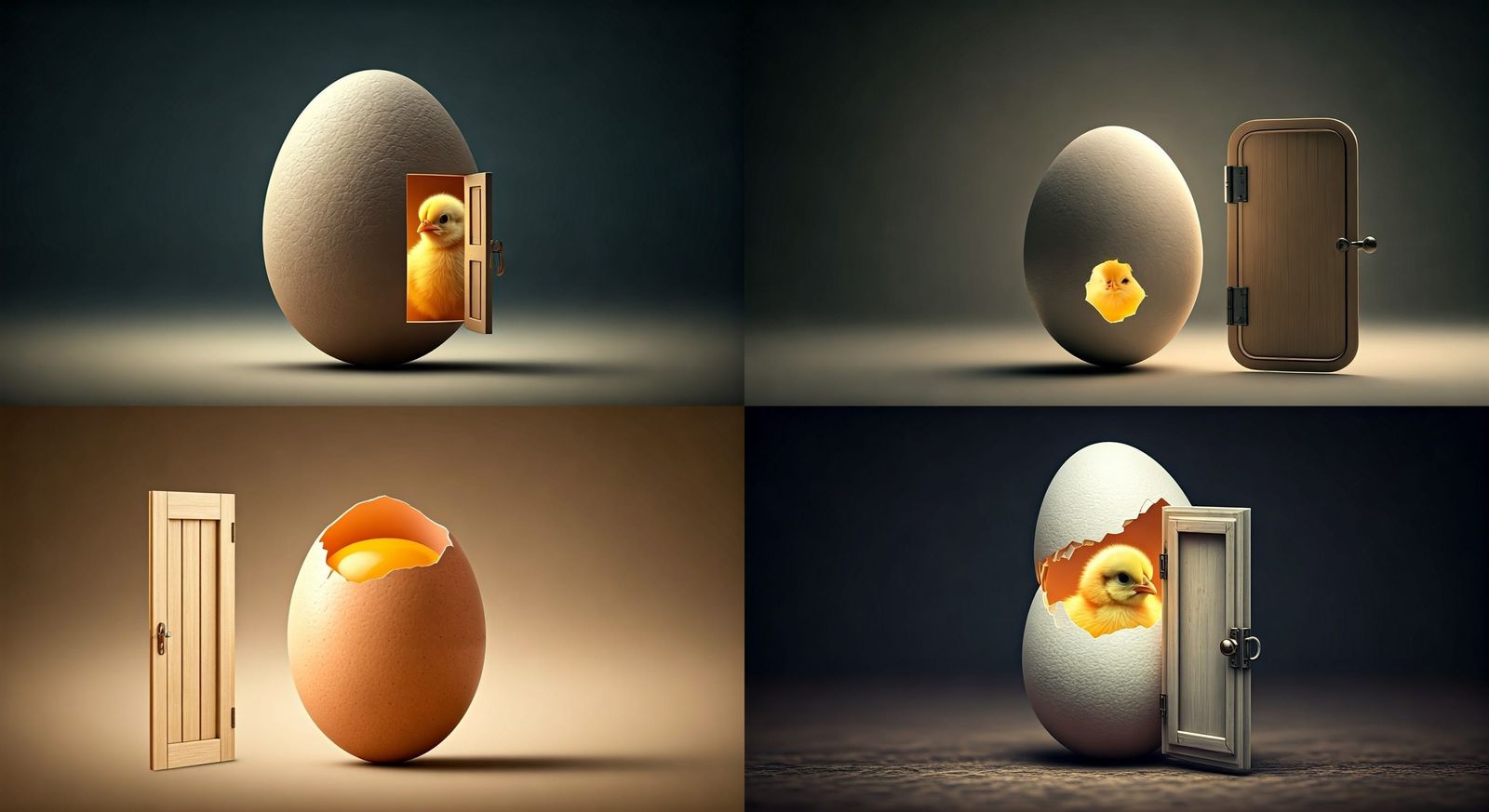 Surreal Chicken Egg With Open Door Revealing Fluffy Chick