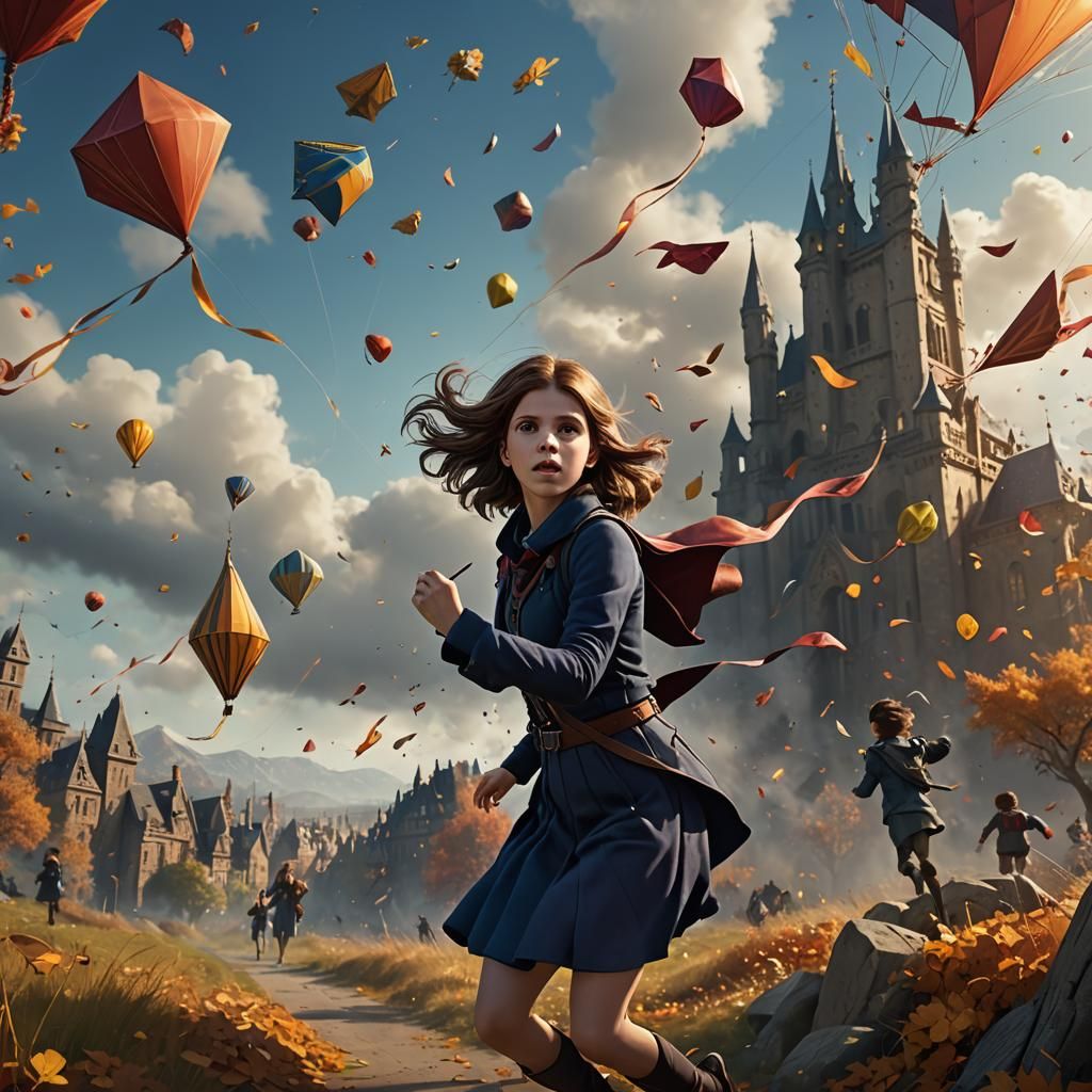 Autumn Wind: Woman Flying Kite, Detailed Digital Art