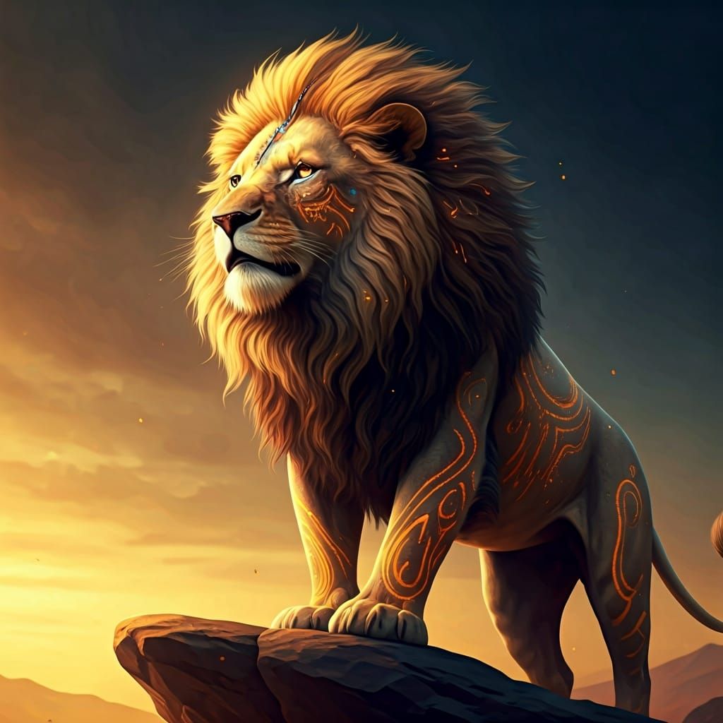 Majestic Lion with Glowing Tribal Markings in Hyperrealism