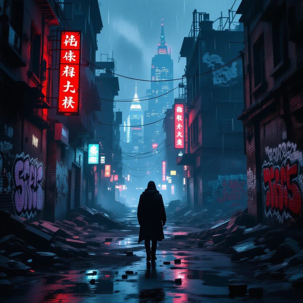 Lone Figure in Neon-Lit Urban Decay