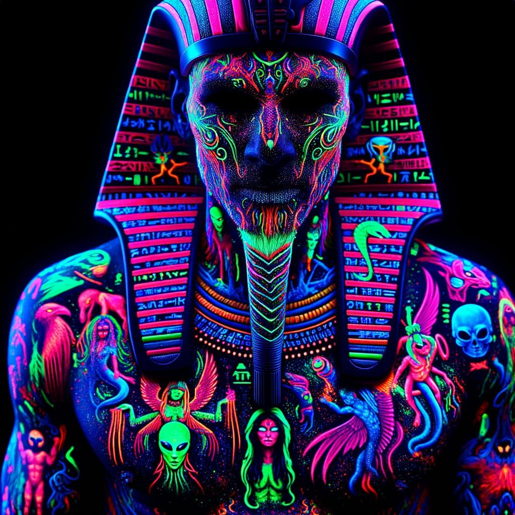 Fluorescent Tattoos on a Dark Pharaoh: Black Light Art