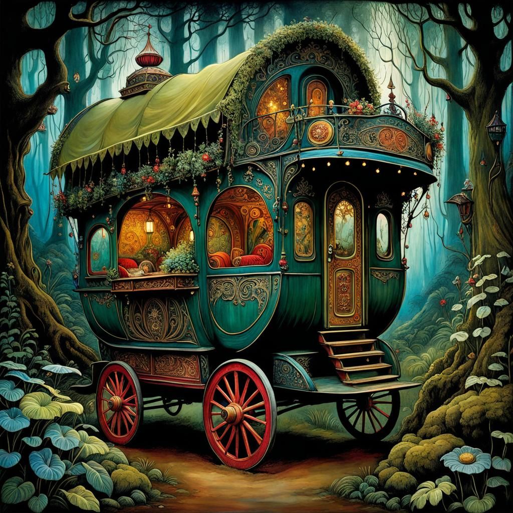 Enchanting Gypsy Caravan in Mystical Forest