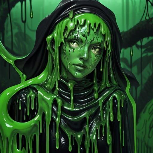 Girl in a Slime Jungle Under Dim Light