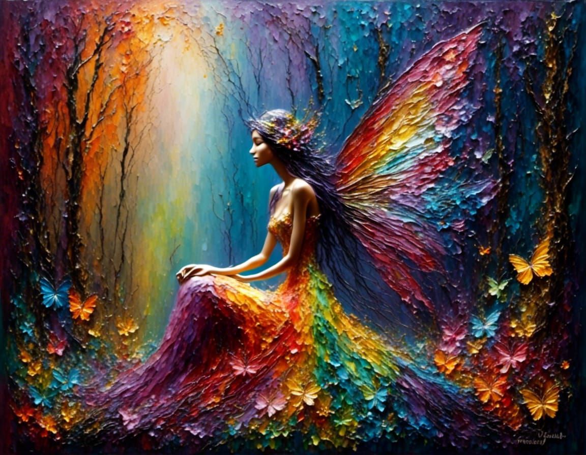 Fairy with Rainbow Wings in Impasto Style