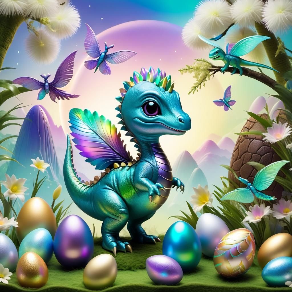 Chibi Dinosaur Hatching From Iridescent Easter Egg
