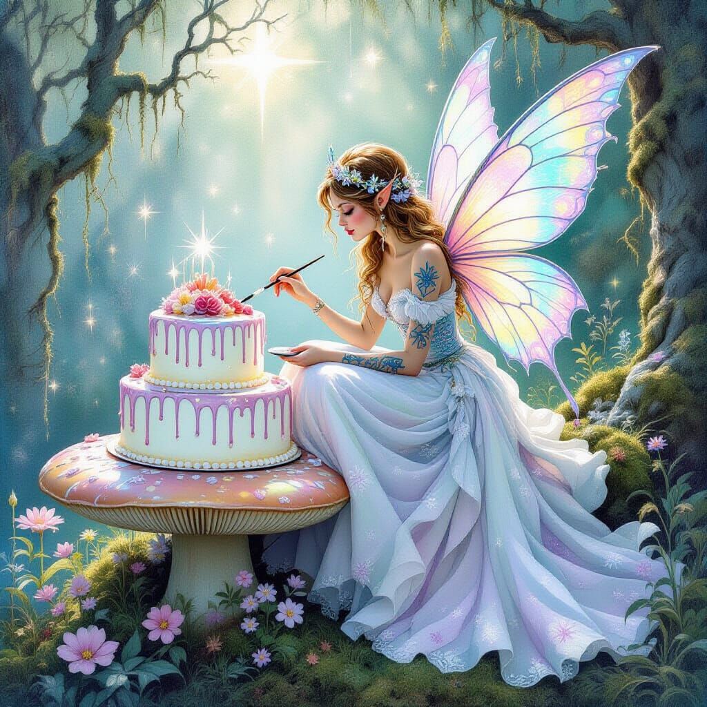 Whimsical Fairy Painting Tattoos on a Dewy Cake