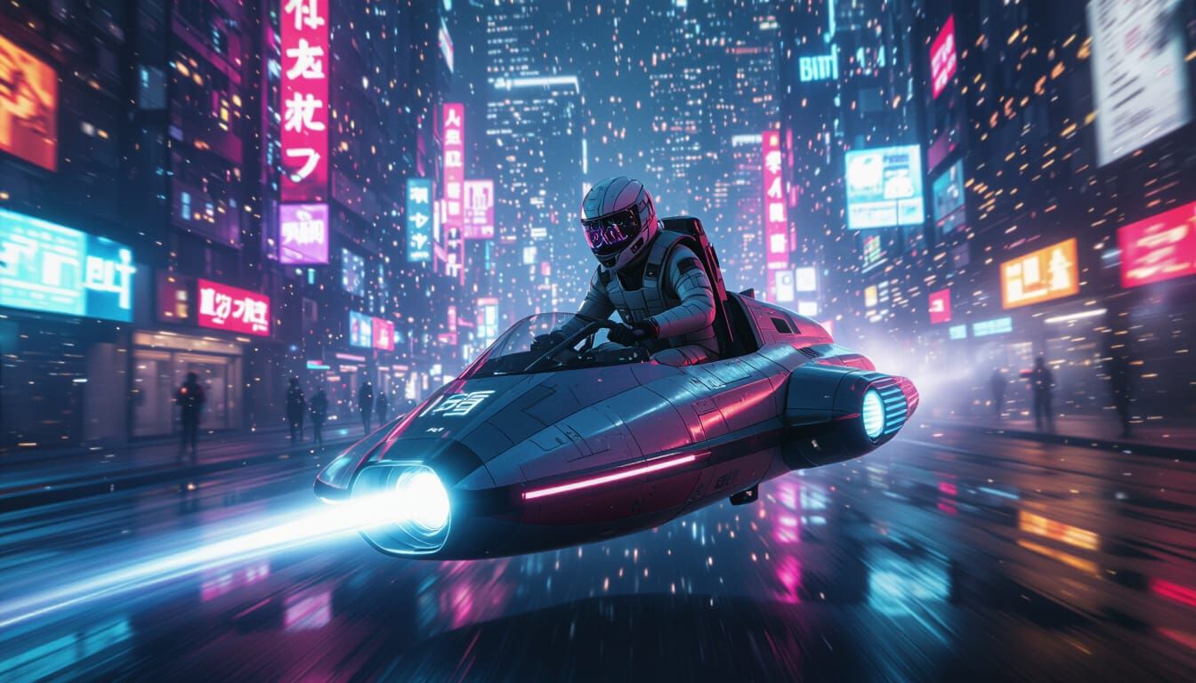 Futuristic Pilot in Retro Vehicle Over Cyberpunk City