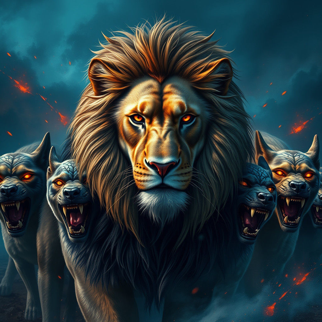 Majestic Lion Surrounded by Fantastical Dogs in a Moody, Hig...