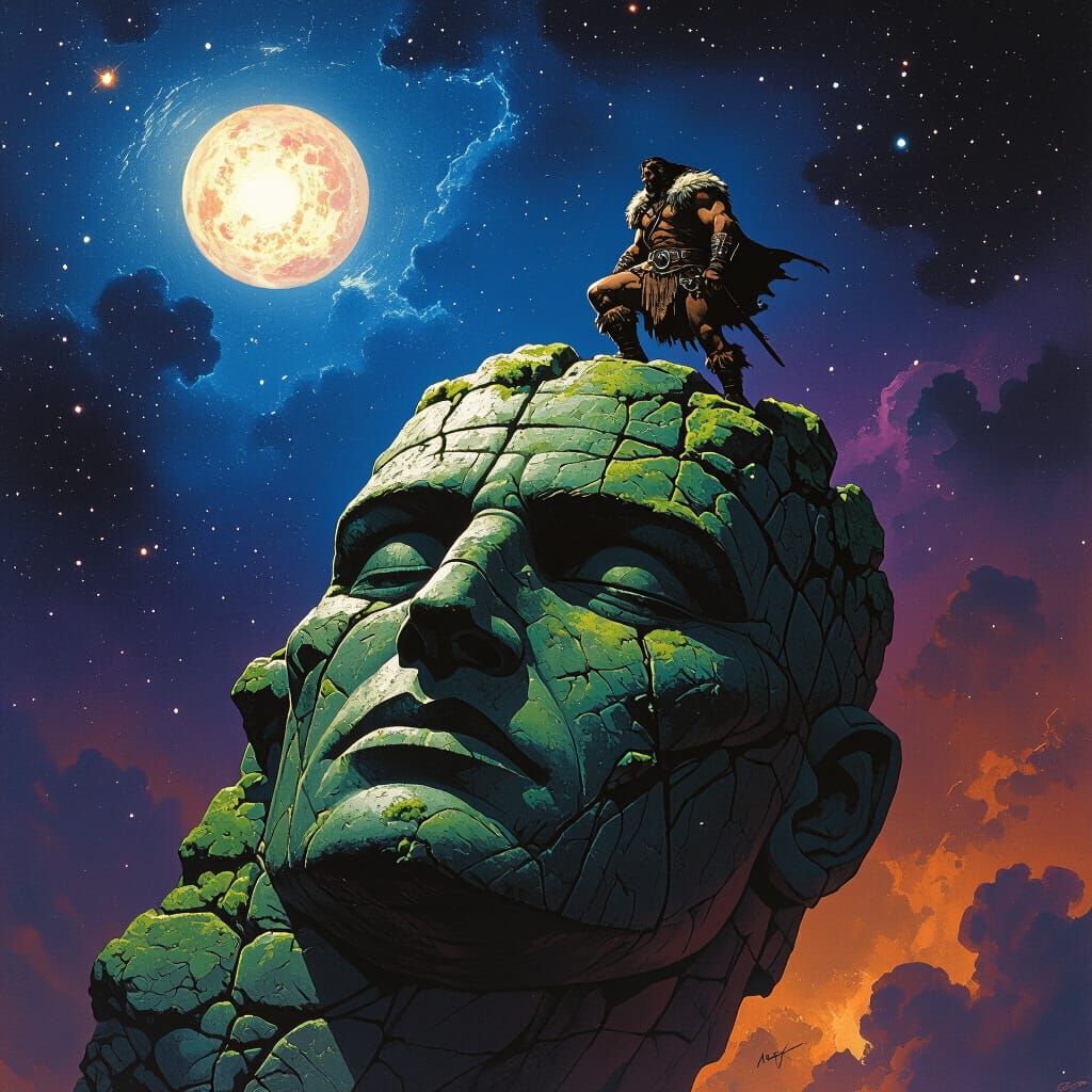 Barbarian Warrior on Stone Head in Nebula