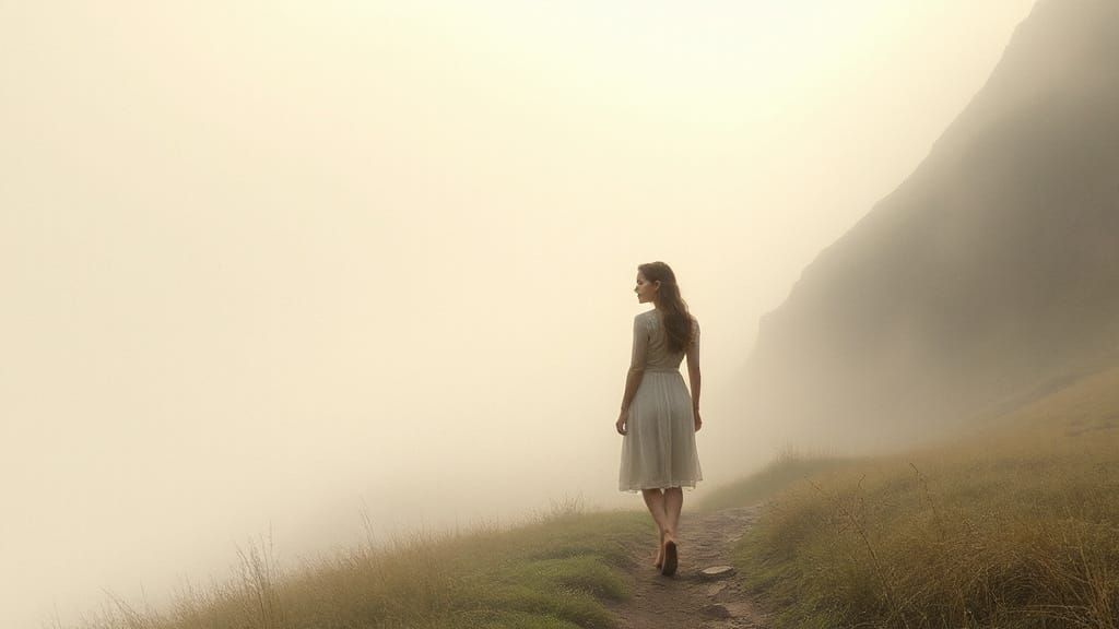 Serene Woman in Misty Landscape: Minimalist Art
