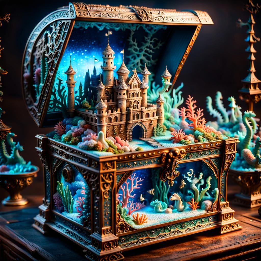 Intricate Treasure Chest Scene with Seahorses