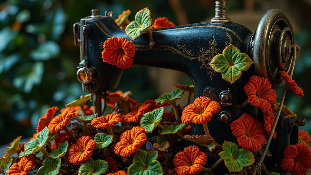 Plants Bursting from Sewing Machine in Maximalist Style