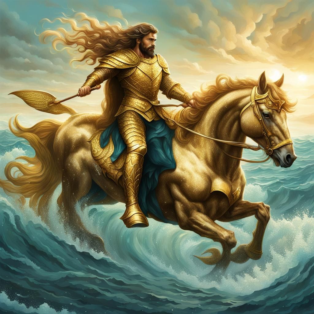 Mermaid and Merman in Gold Armor on Horses
