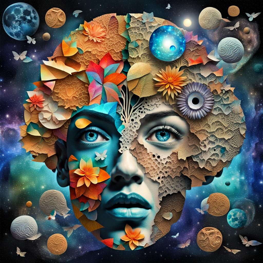 Surreal Glowing Human Face in Paper Collage Art